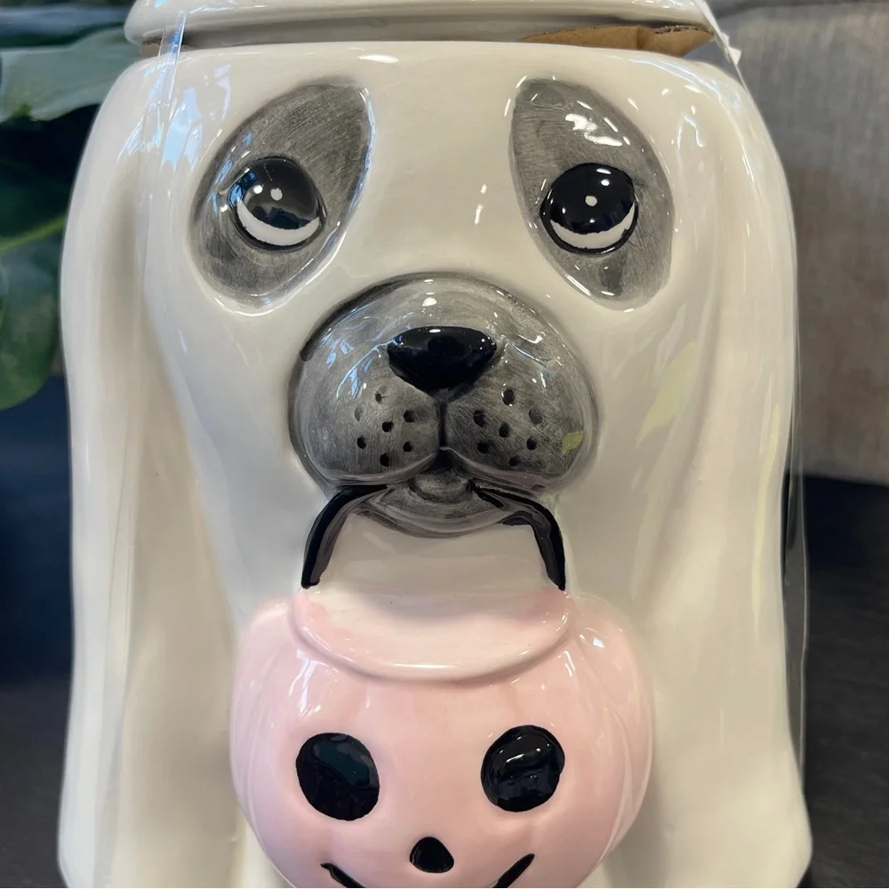 Pink Halloween Ghost Dog w/ Pink Bow & Pink Pumpkin Ceramic Cookie Jar NWT